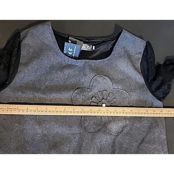 KAWAII LOLITA YI LA KE GREY FLANNEL LACE FLOWERS PEARLS TOP XL (READ) - Picture 7 of 9